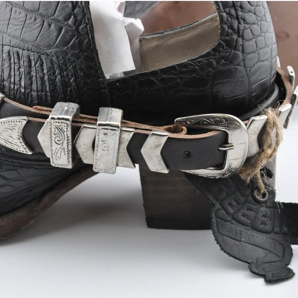 Freebird‎ Blade Booties 6 Black Excellent Croc Embossed Leather Cutout Harness